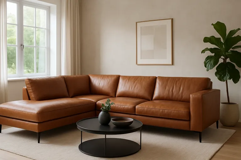 Leren hoekbank in een grote woonkamer